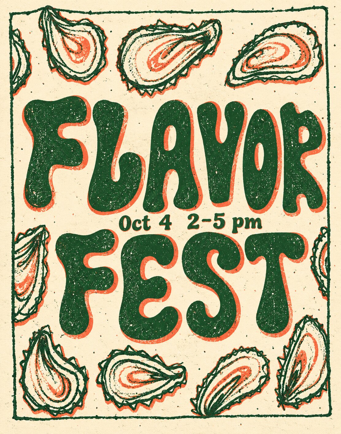 ChatGPT result: green bubble letters with a coral offset, the date set in type, oysters redrawn with coral insides