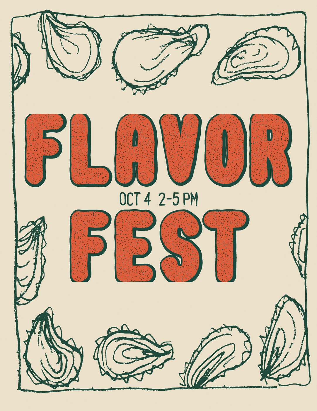 Claude result: the student's own oysters in green, FLAVOR FEST in even coral bubble letters with a green outline, the date set between