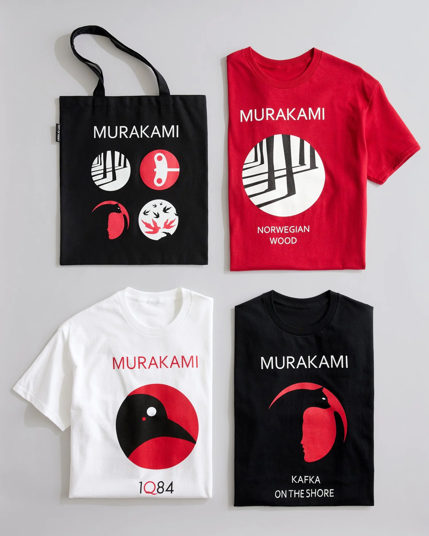 Noma Bar covers for Murakami novels on shirts and a tote: a bird head, a profile in a cat, keys in a window