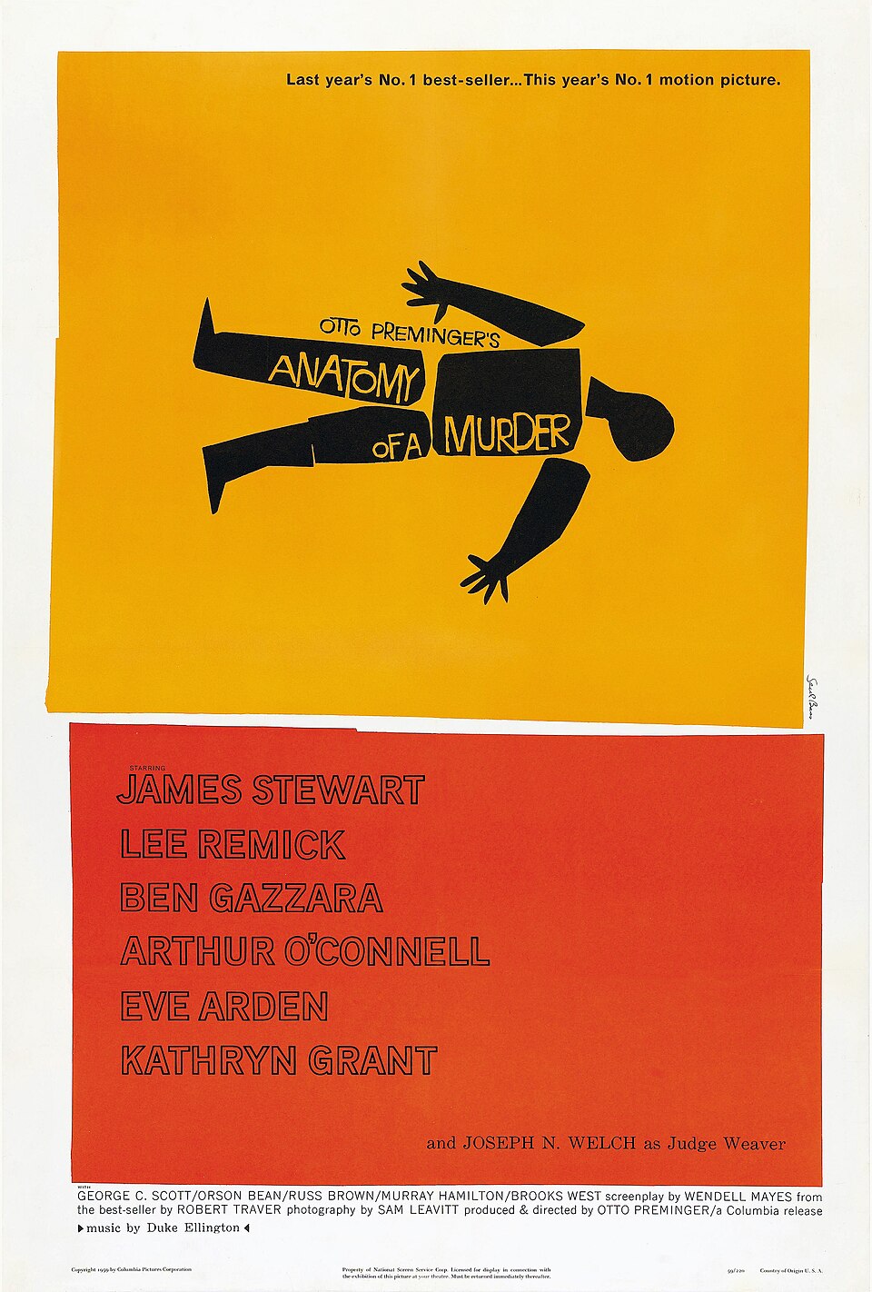Saul Bass poster for Anatomy of a Murder: a cut-paper body in pieces