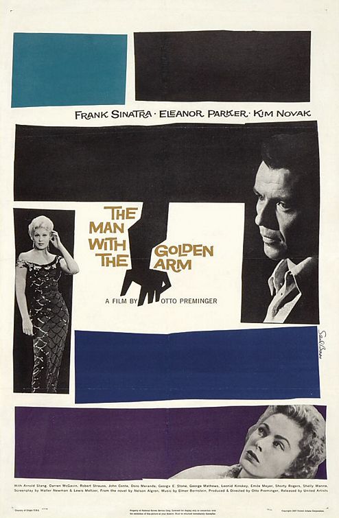 Saul Bass poster for The Man with the Golden Arm: a jagged arm in white on black