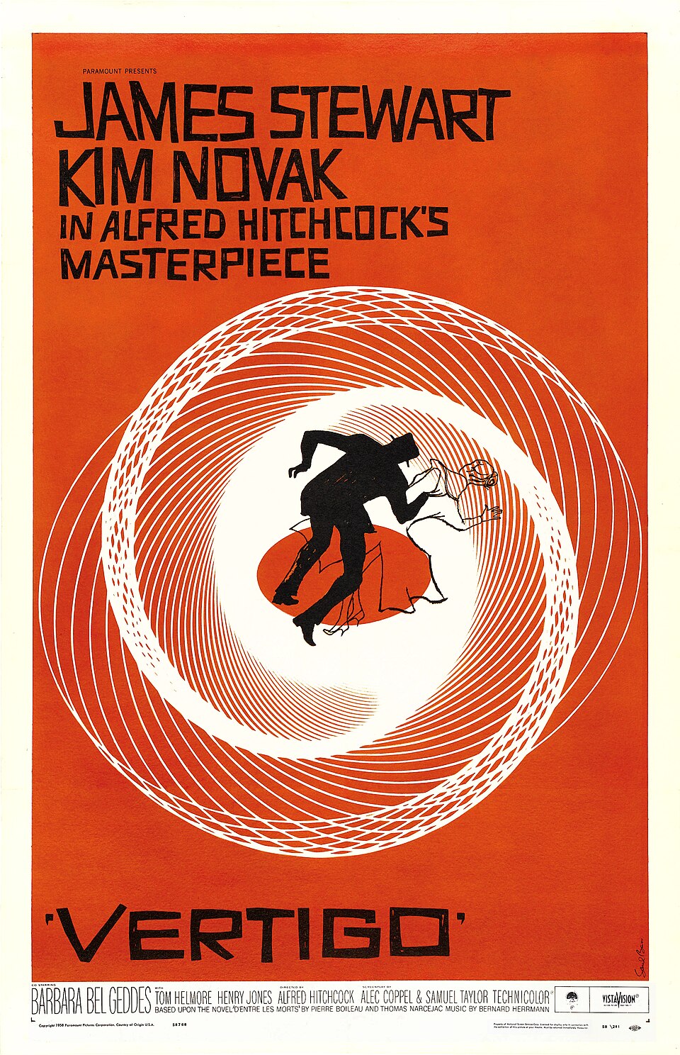 Saul Bass poster for Vertigo: a spiral with two figures inside it