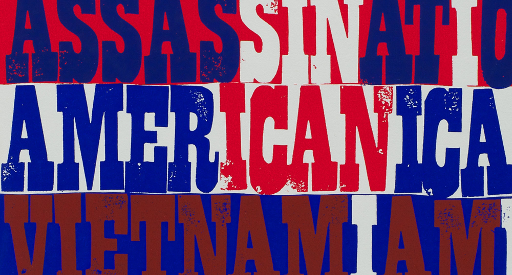 Corita Kent screenprint: the words assassination, americana and vietnam in red, white and blue stencil letters cut and overlapped