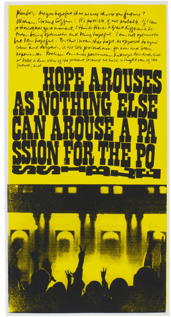 Corita Kent, hope arouses, black block letters on yellow over a crowd
