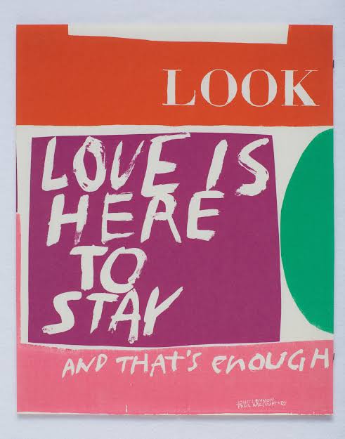 Corita Kent print: LOVE IS HERE TO STAY in cut white letters on magenta, under the LOOK magazine logo