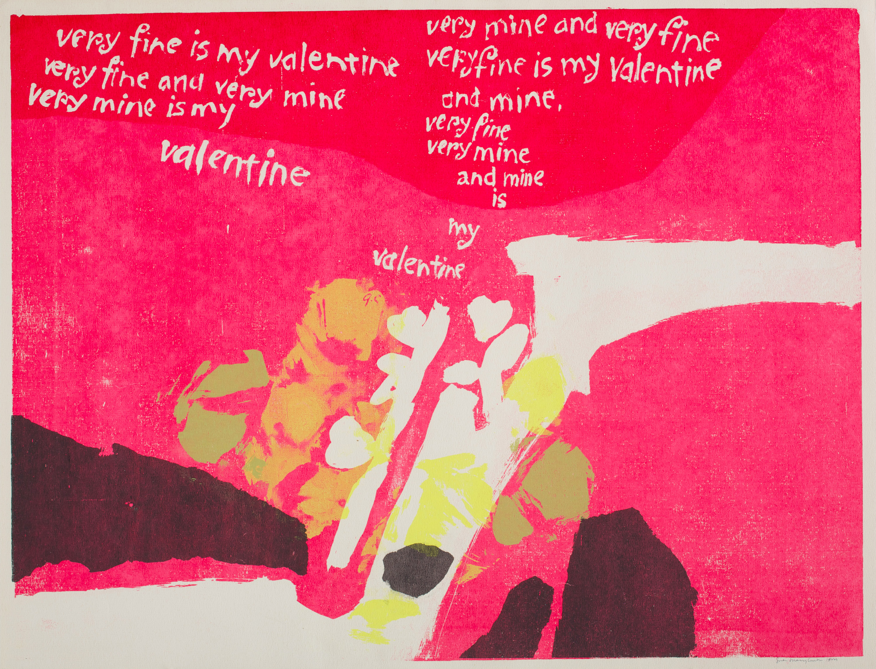 Corita Kent screenprint: the words very fine is my valentine written by hand in white and yellow over pink