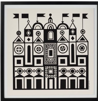 Alexander Girard Environmental Enrichment panel: a building made of repeated circles, triangles, arches and flags in black on cream