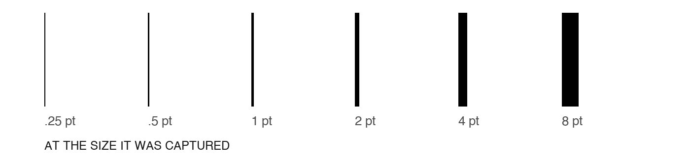 Six line weights from a quarter point to eight points, at the size they were captured