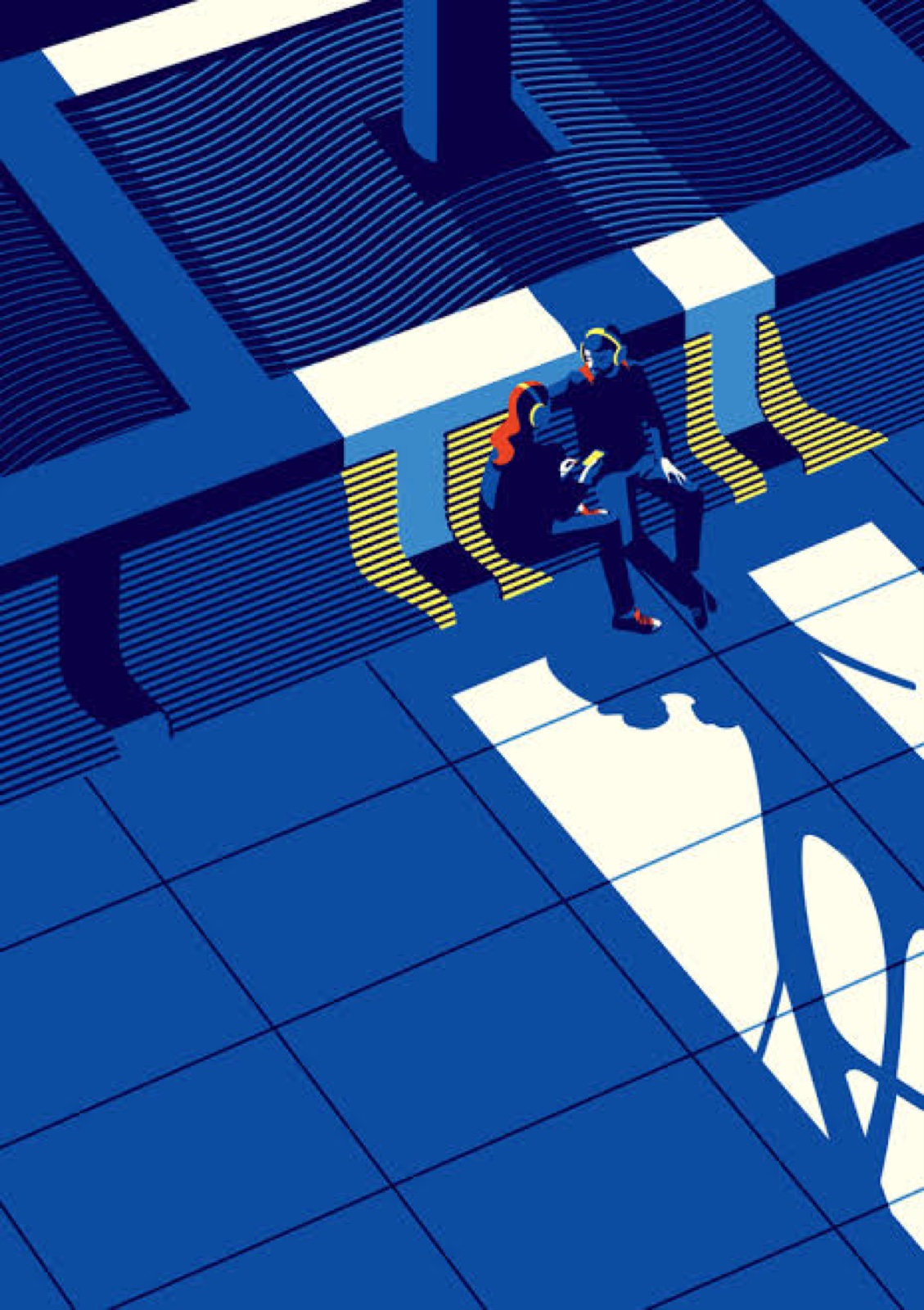 Malika Favre, figures on benches in three blues