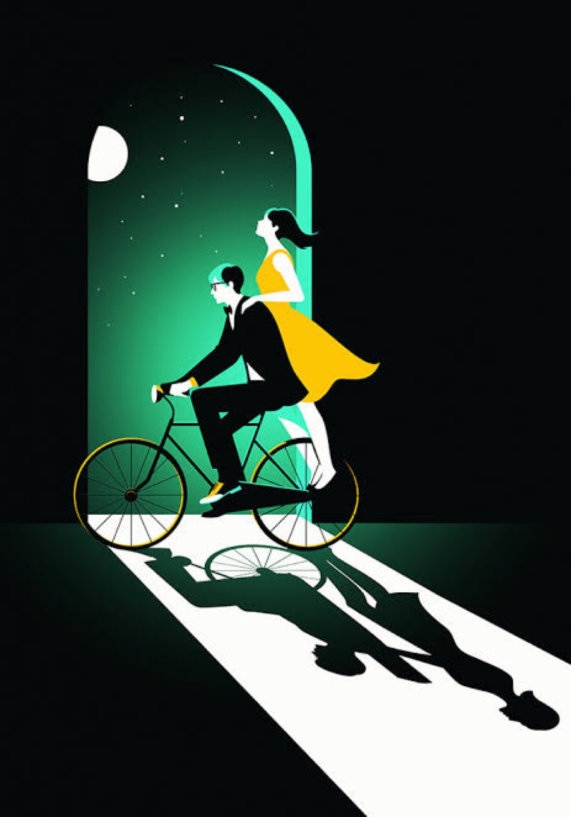 Malika Favre, a couple on a bicycle at night