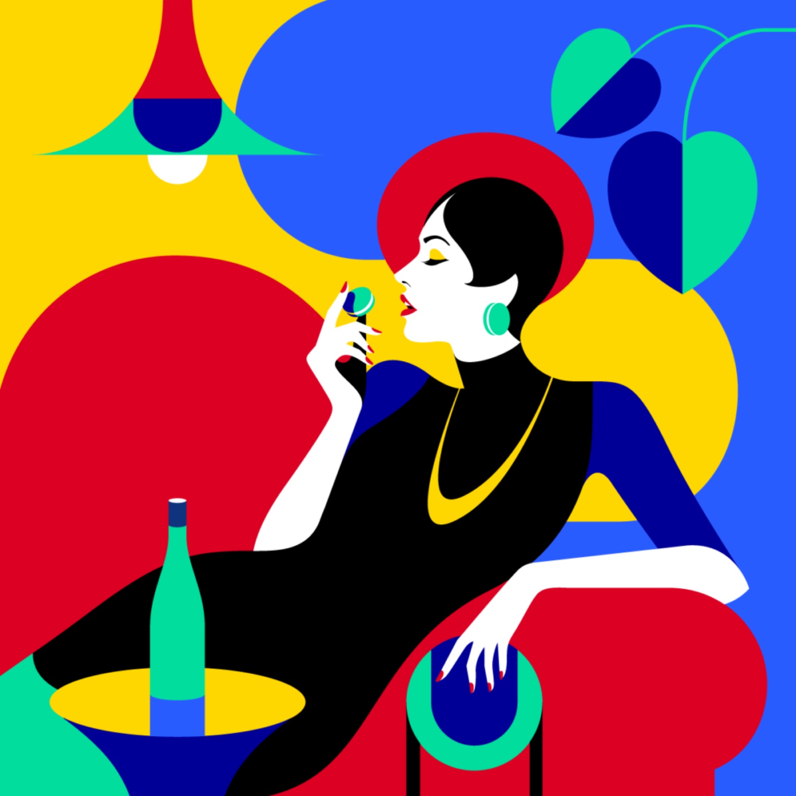 Malika Favre, a woman with a drink in red, yellow, blue and black