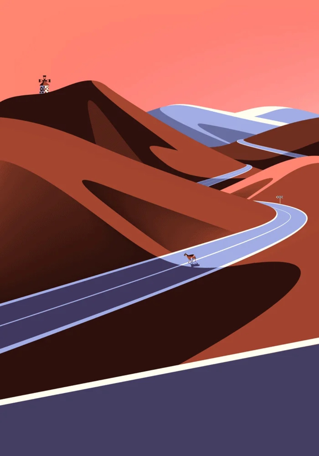 Malika Favre, a road through dunes at sunset in coral and umber