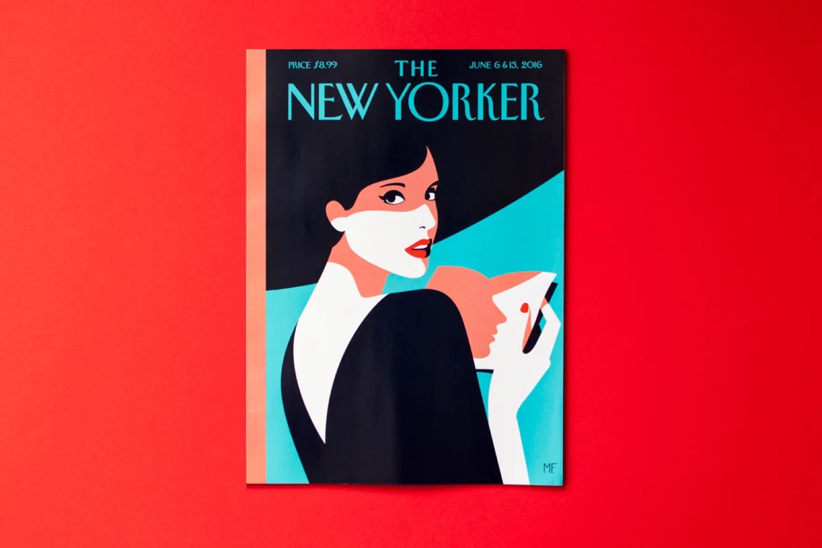 Malika Favre, New Yorker cover, a woman with a phone on a red ground