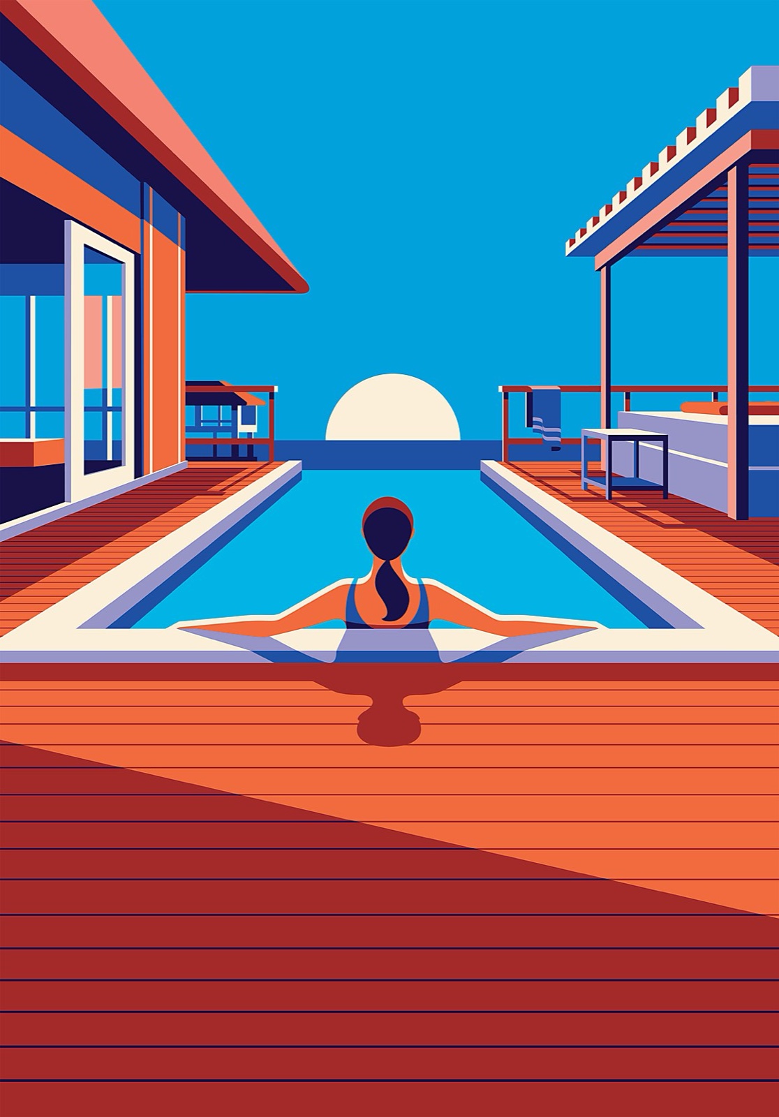 Malika Favre, a woman in a pool between two mid-century houses, in blue and terracotta