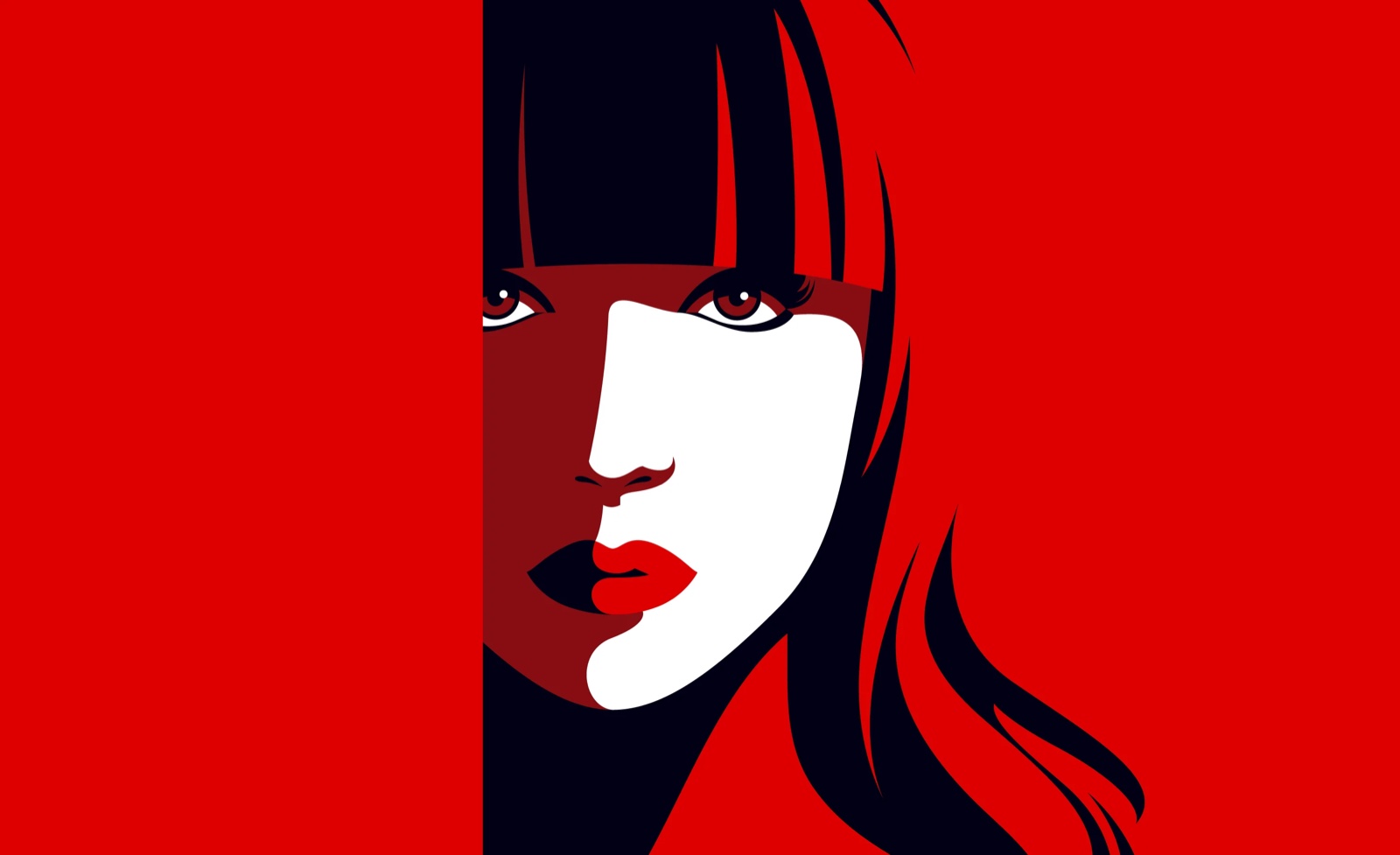 Malika Favre, a face in black hair on a red ground