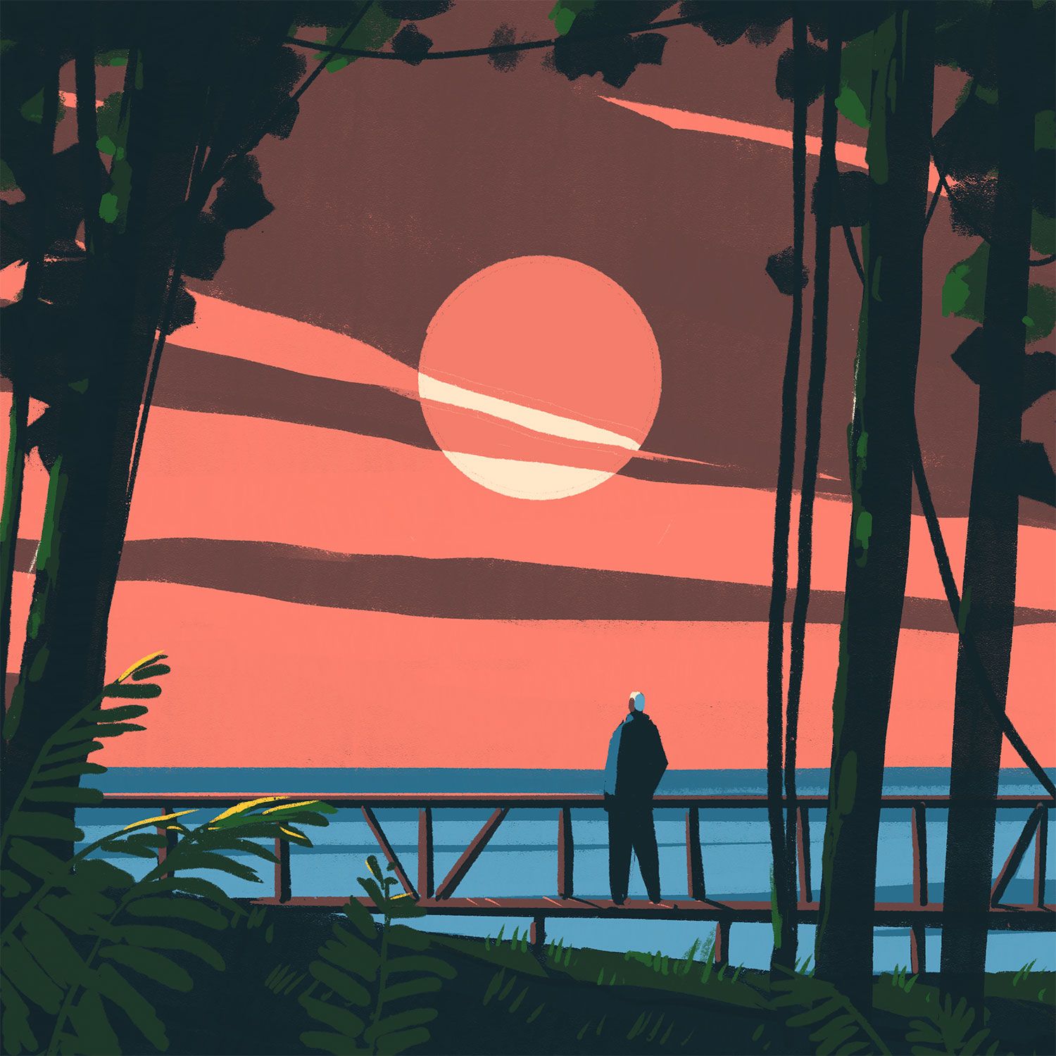 Tom Haugomat, figure on a pier at sunset