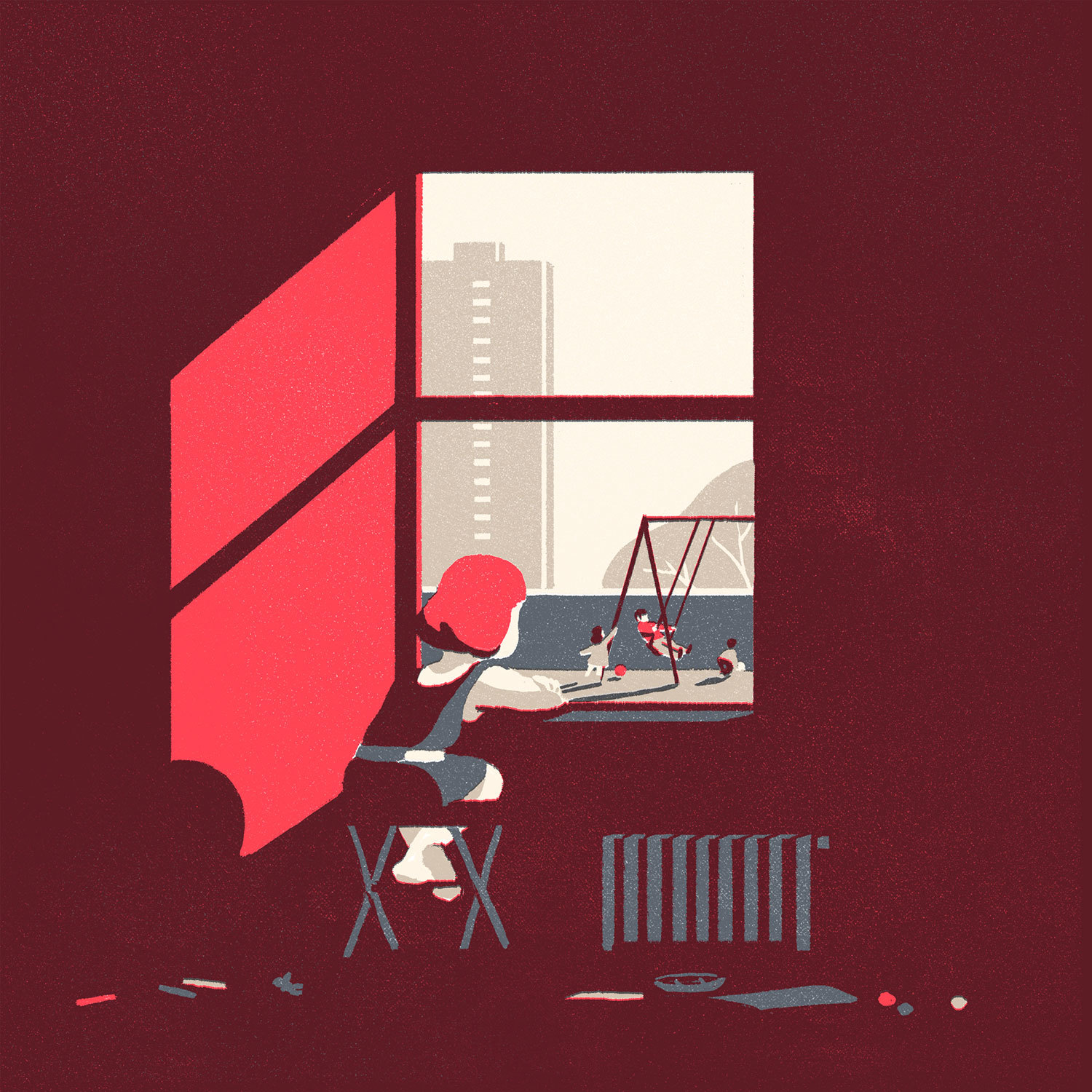 Tom Haugomat, red room with a child at the window