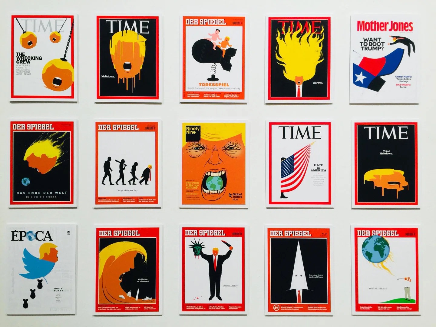 Wall of Edel Rodriguez magazine covers for Time, Der Spiegel, Mother Jones and others