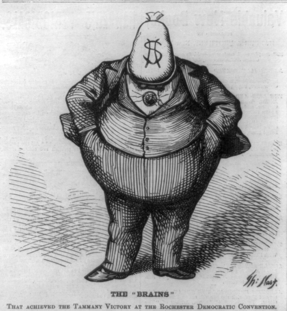 Thomas Nast, The Brains, Boss Tweed drawn with a money bag for a head, Harper's Weekly, October 21, 1871
