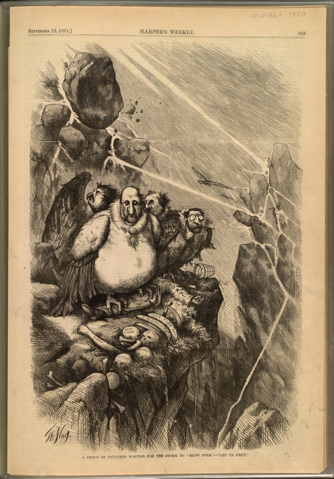 Thomas Nast, Let Us Prey, the Tweed Ring drawn as vultures over the bones of New York, Harper's Weekly, September 23, 1871