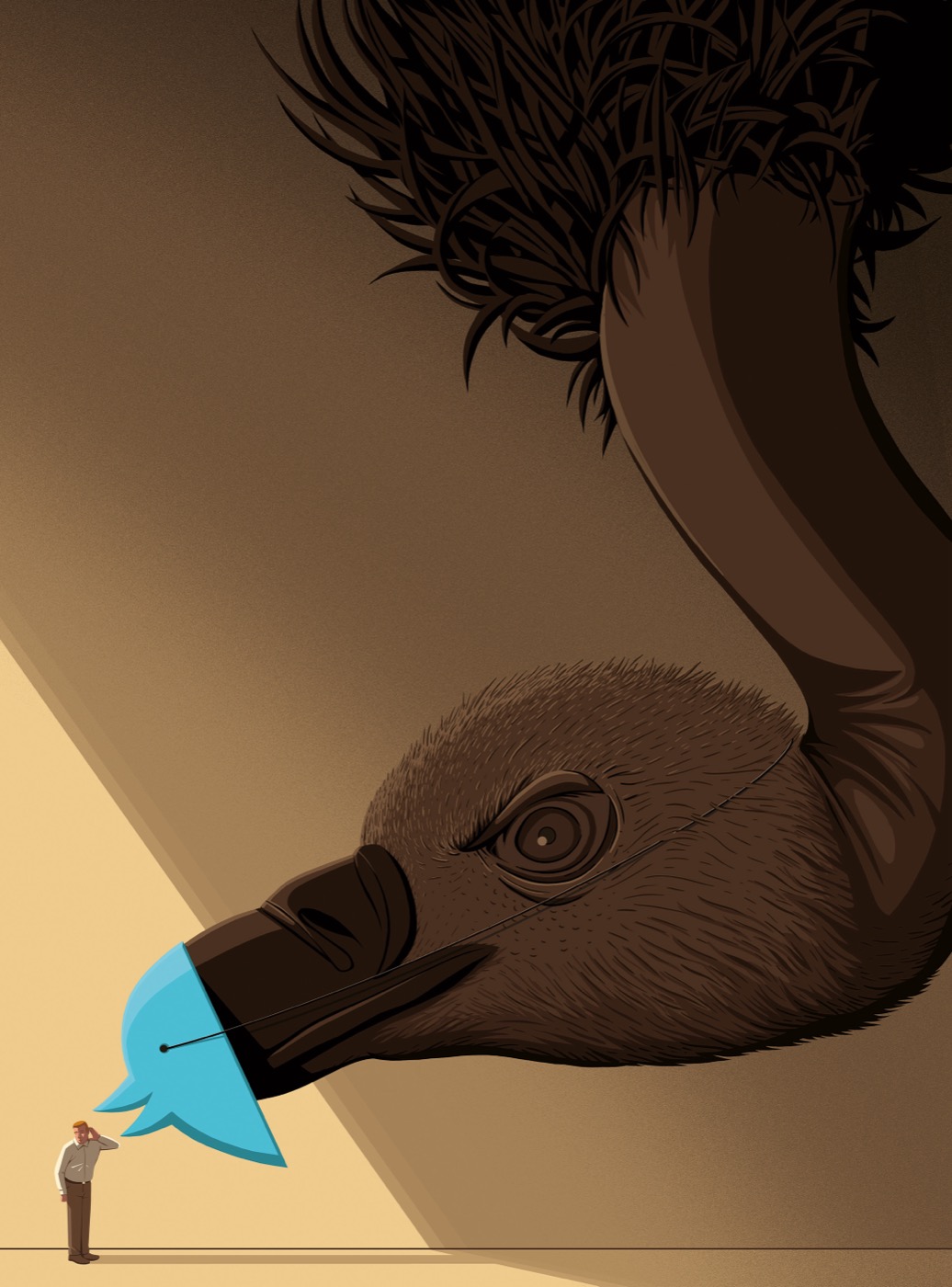 Stephan Schmitz, a huge vulture wearing the blue Twitter bird as a mask over its beak, looming over a small man
