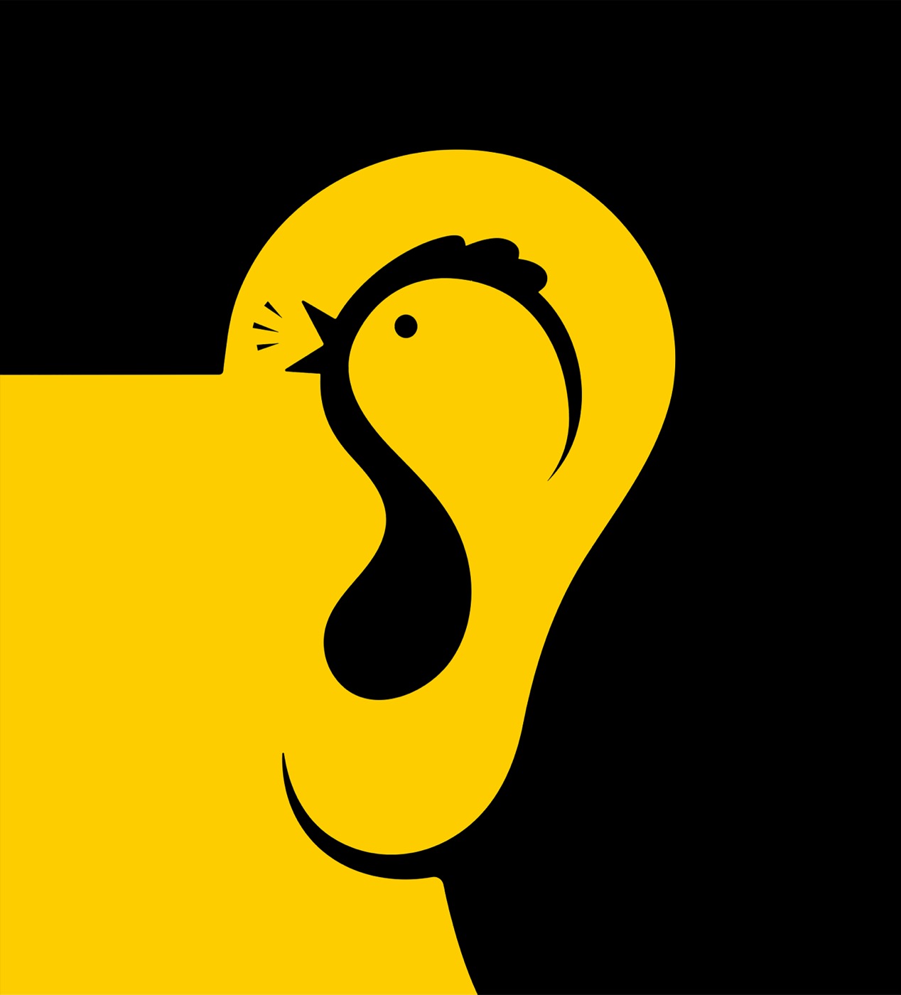 Noma Bar, a bird singing inside the curve of an ear, yellow on black