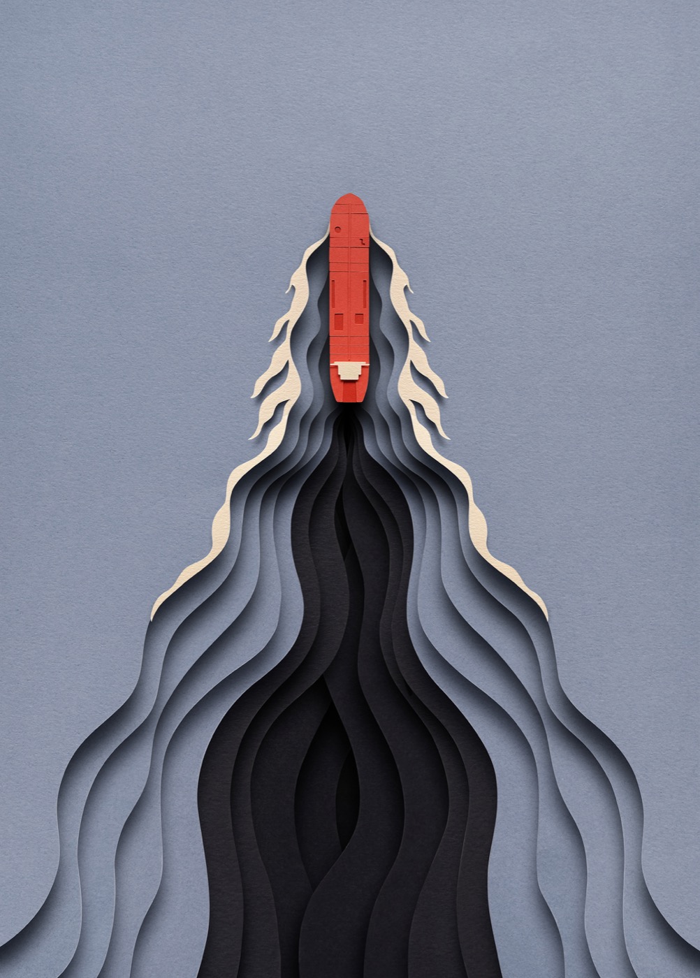 Owen Gildersleeve, cut paper, a red tanker seen from above leaving a widening black slick