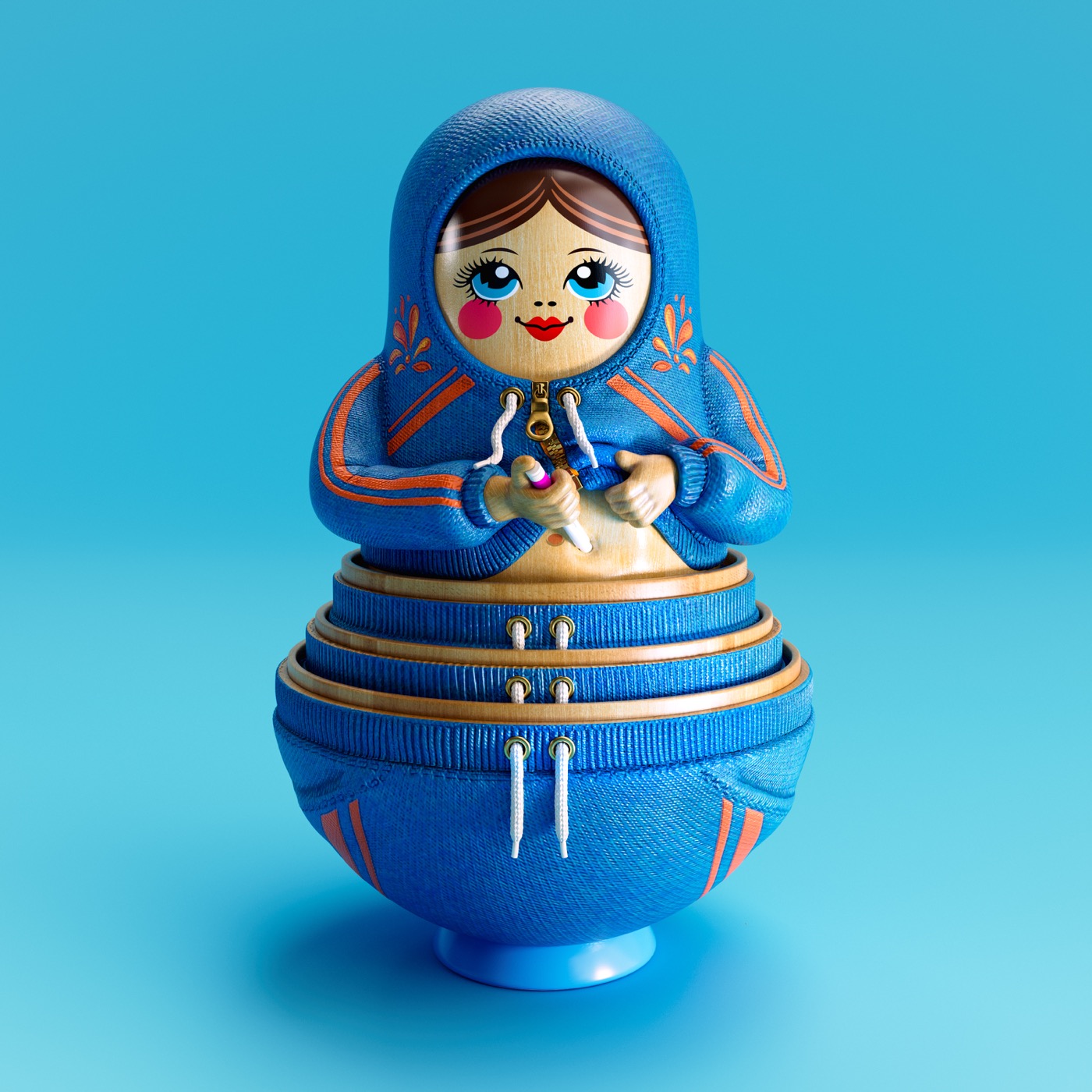 Lisa Sheehan, a 3D Russian doll in a tracksuit, its nested halves getting smaller as it holds an injection pen