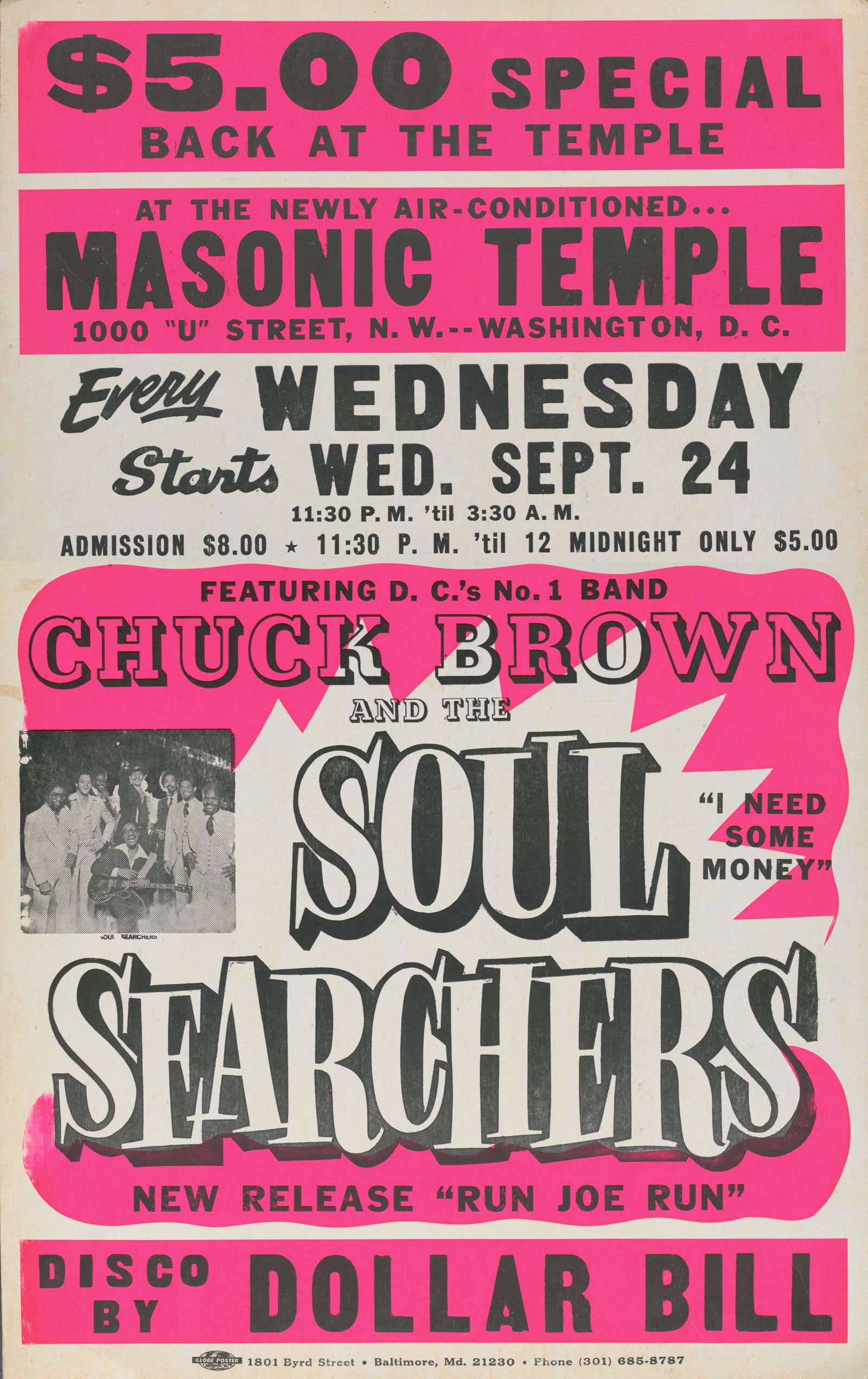 Globe poster for Chuck Brown and the Soul Searchers at the Masonic Temple, hot pink and black