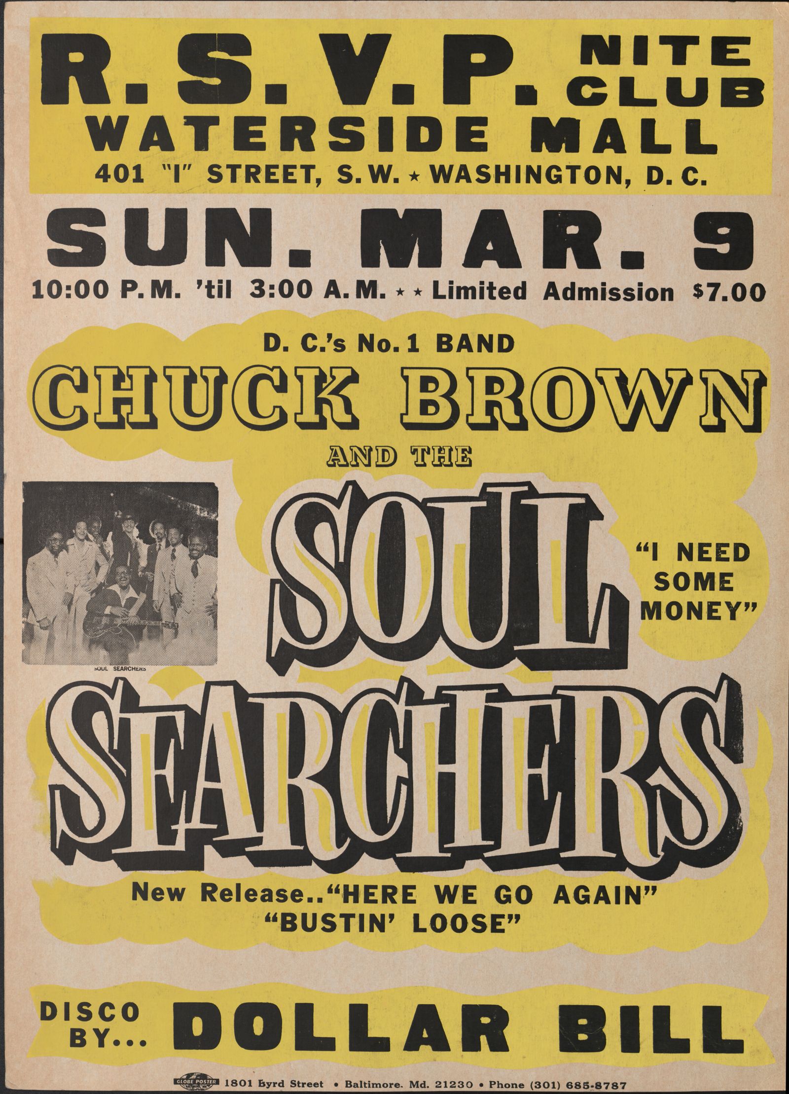 Globe poster for Chuck Brown and the Soul Searchers at Waterside Mall, yellow and black