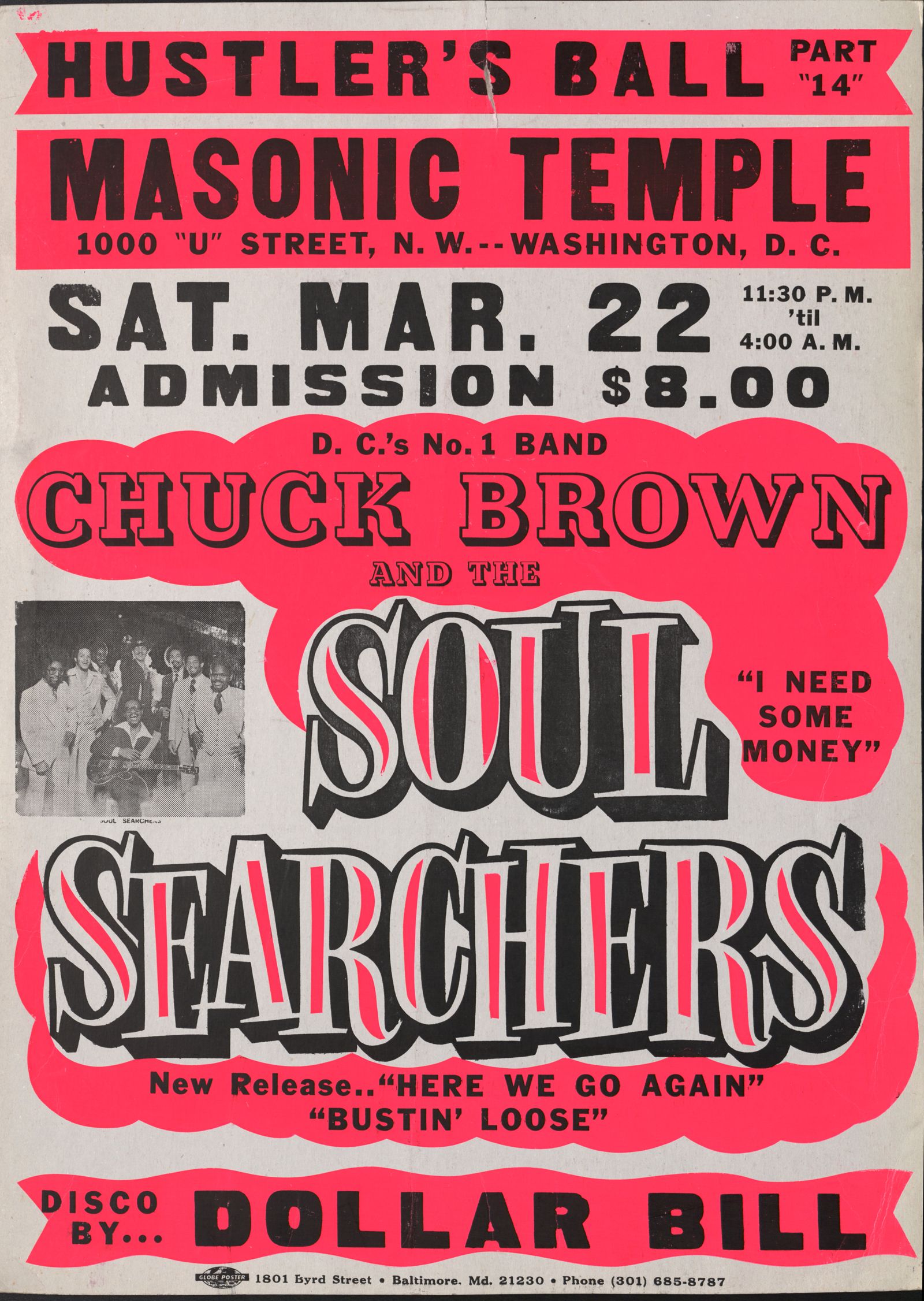 Globe poster for Chuck Brown and the Soul Searchers at the Masonic Temple, pink and black
