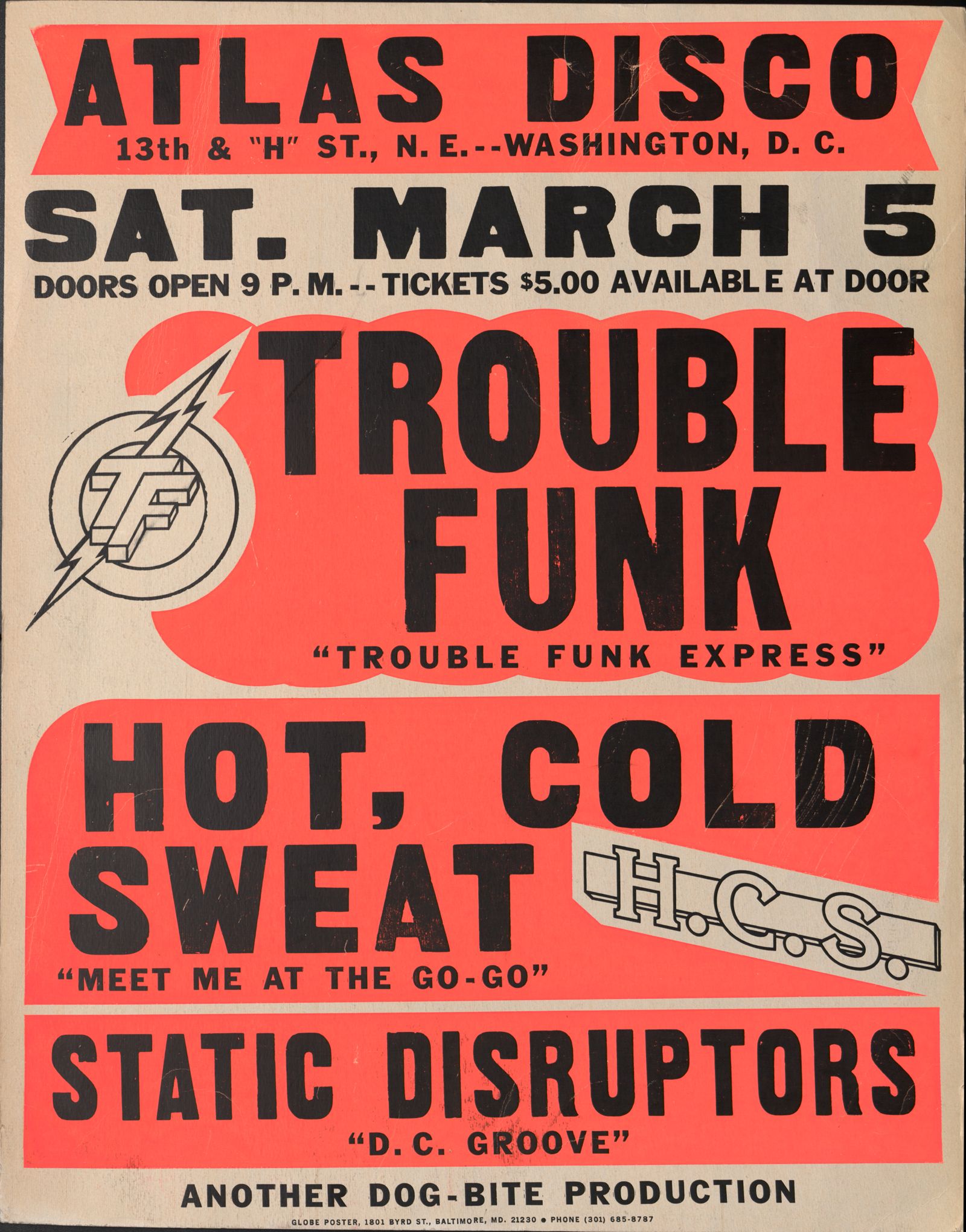Globe poster for Trouble Funk and Hot, Cold Sweat at the Atlas Disco, 1985