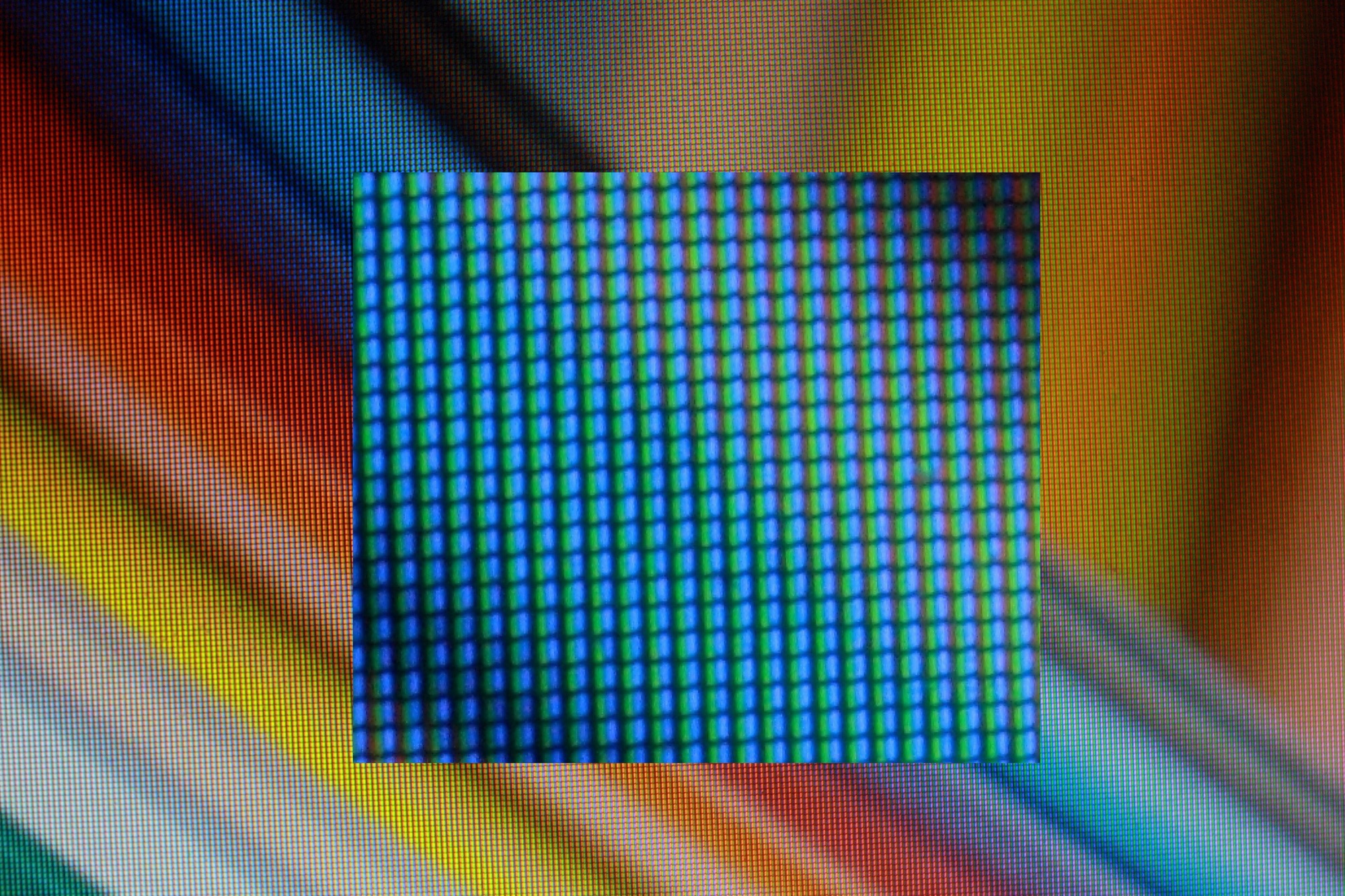 Red, green and blue subpixels of a screen, magnified