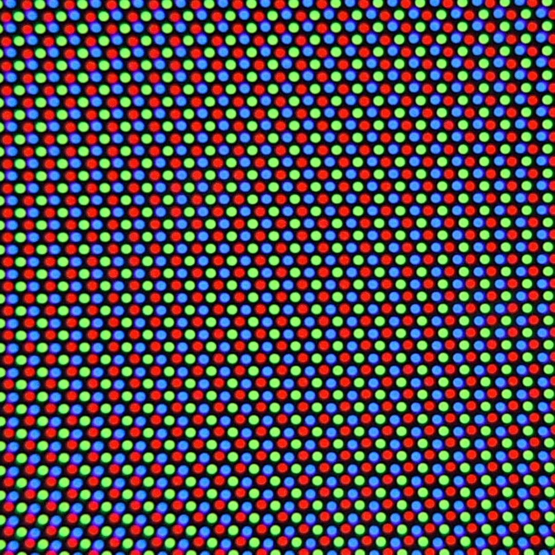 Red, green and blue phosphor dots on a color tube, magnified