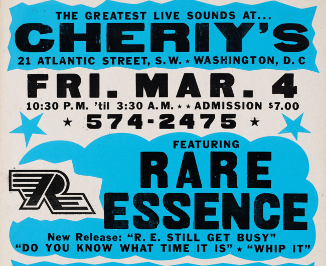 A Rare Essence go-go handbill in blue and black on white