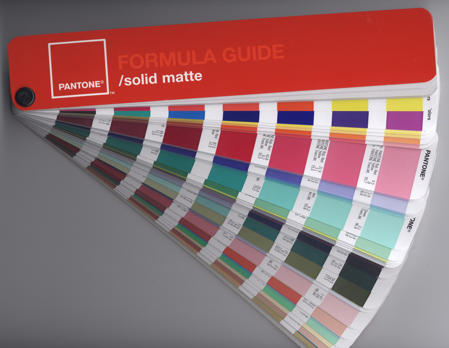 A Pantone formula guide fanned open