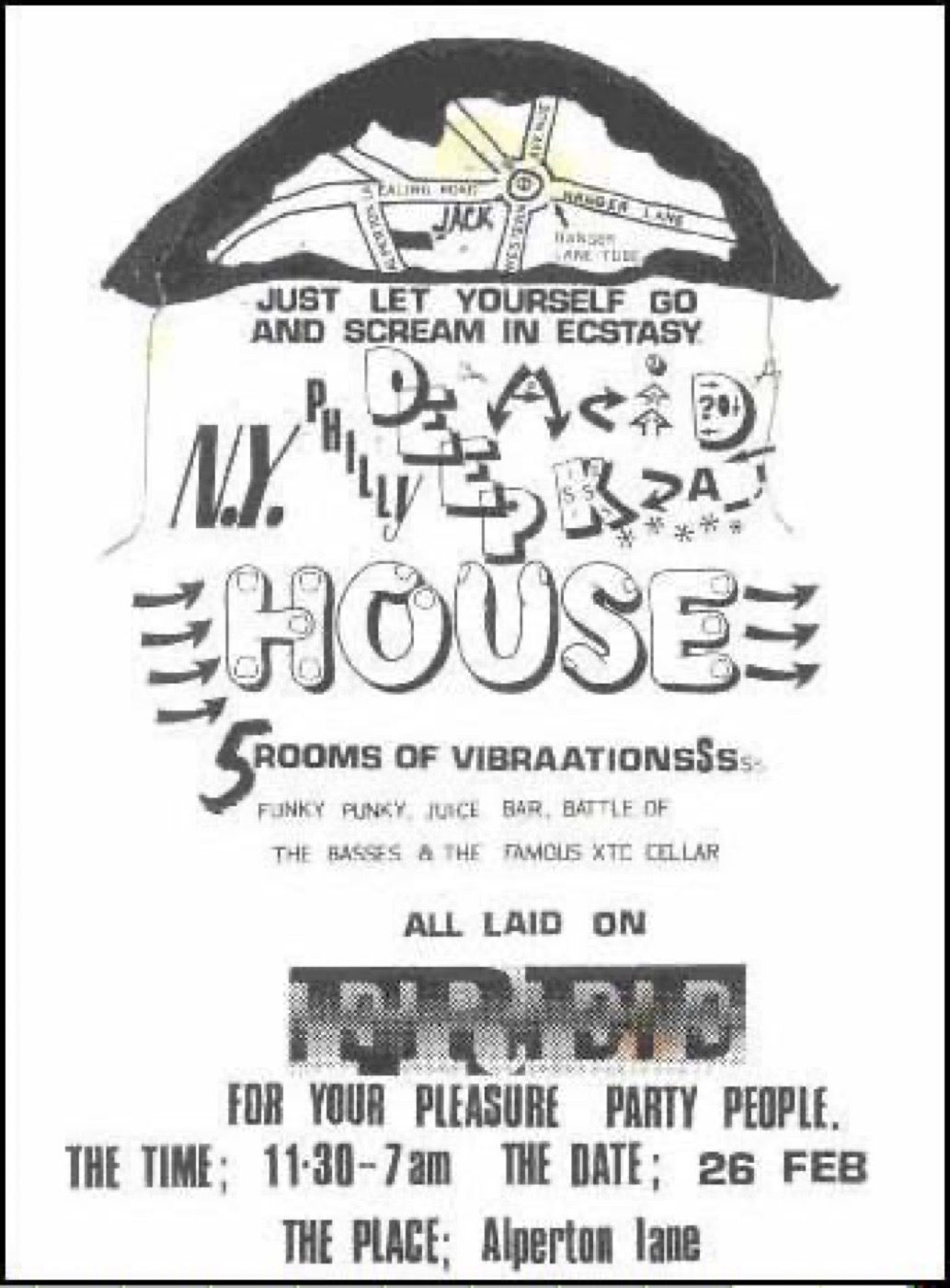 A black and white party flyer from 1988