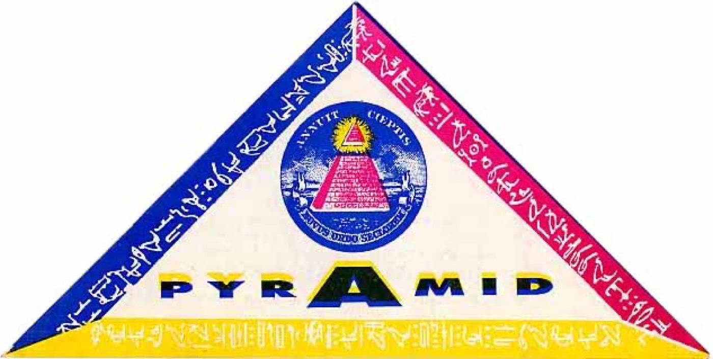 A triangle flyer in blue, pink and yellow on white