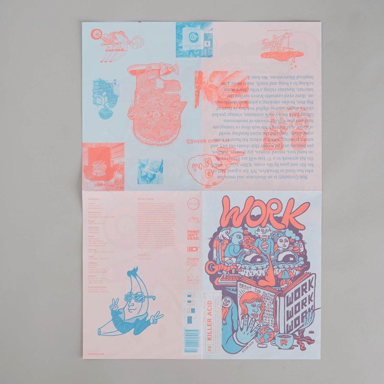 Posterzine unfolded, printed in coral and light blue