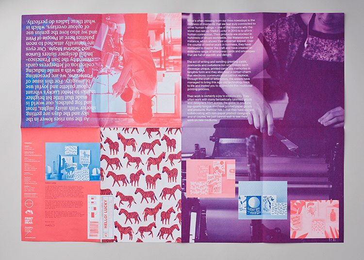 Posterzine unfolded, printed in pink and purple, with photos in both inks