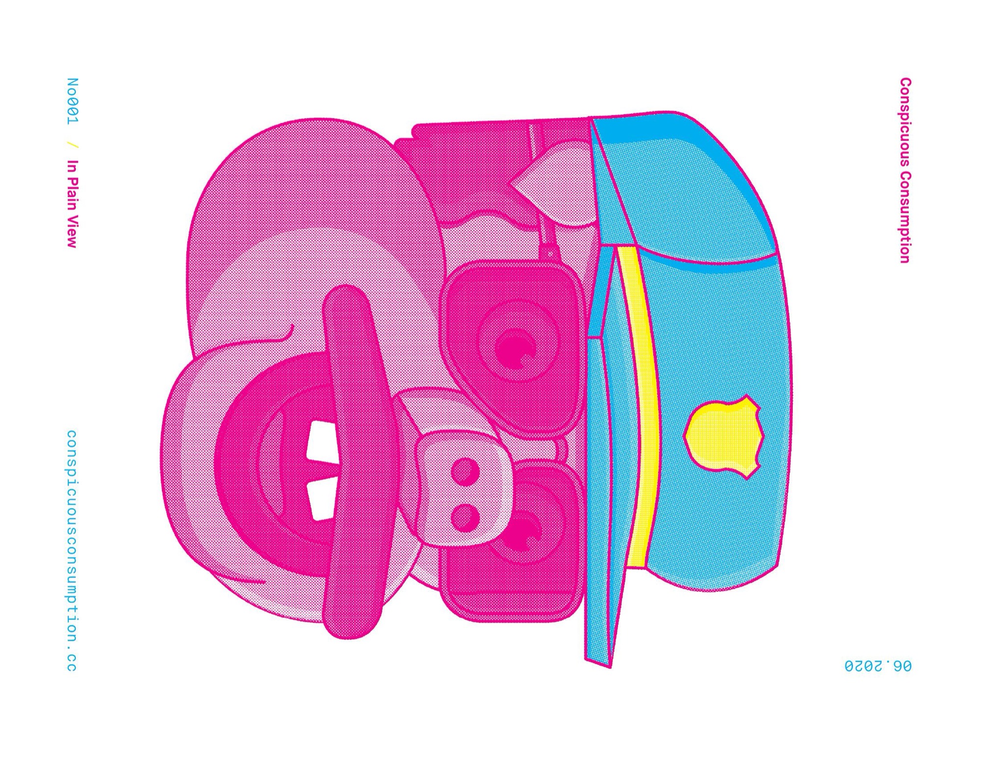 Zine centerfold: a pig in a police cap, in magenta, cyan and yellow halftone