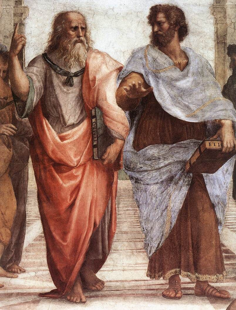 Plato pointing upward beside Aristotle