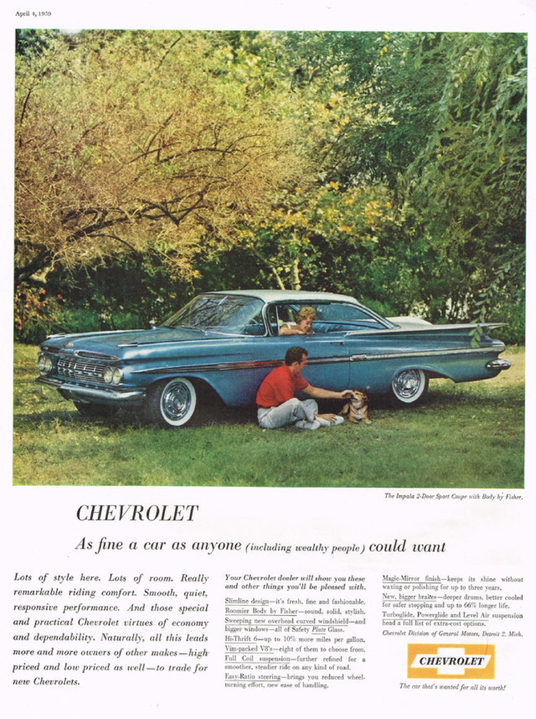 1959 Chevrolet Impala ad: a long car on a lawn, full-color photo