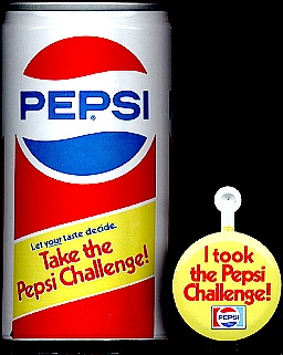 A Pepsi Challenge can and an I took the Pepsi Challenge button