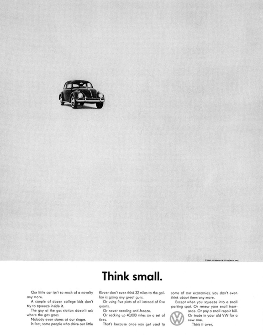 Volkswagen Think Small ad: a tiny Beetle in a field of white