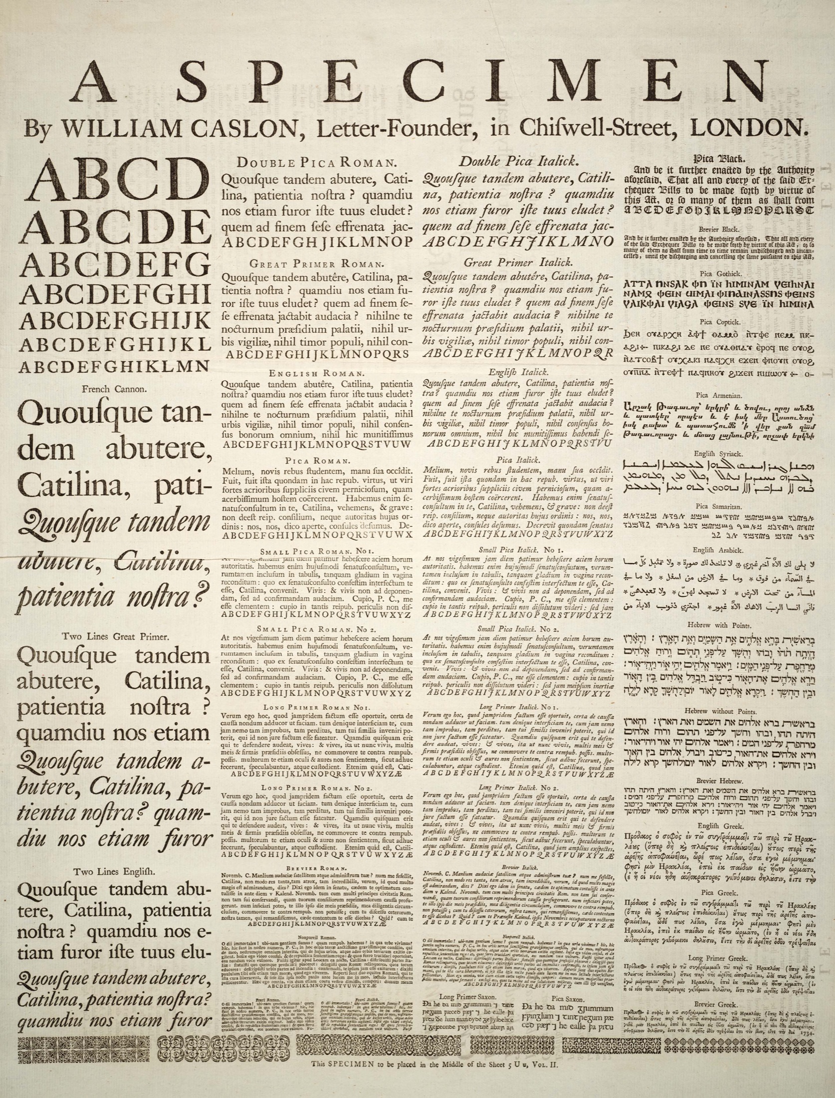 William Caslon type specimen sheet, 1734