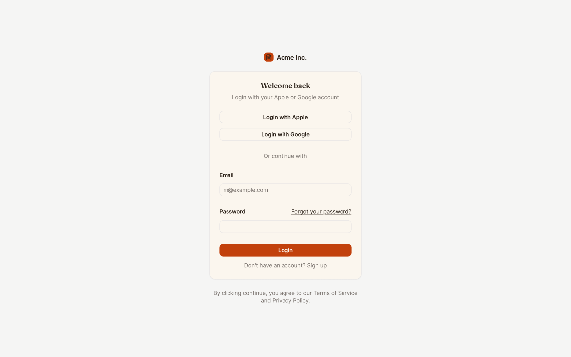 The same login screen with cream, brown and orange tokens