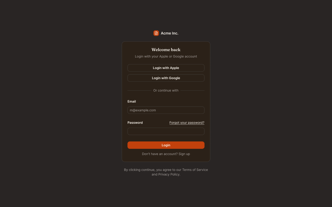 The same login screen in dark mode