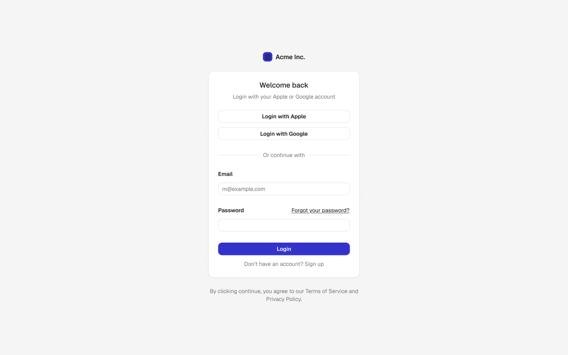 Login screen with the placeholder blue tokens