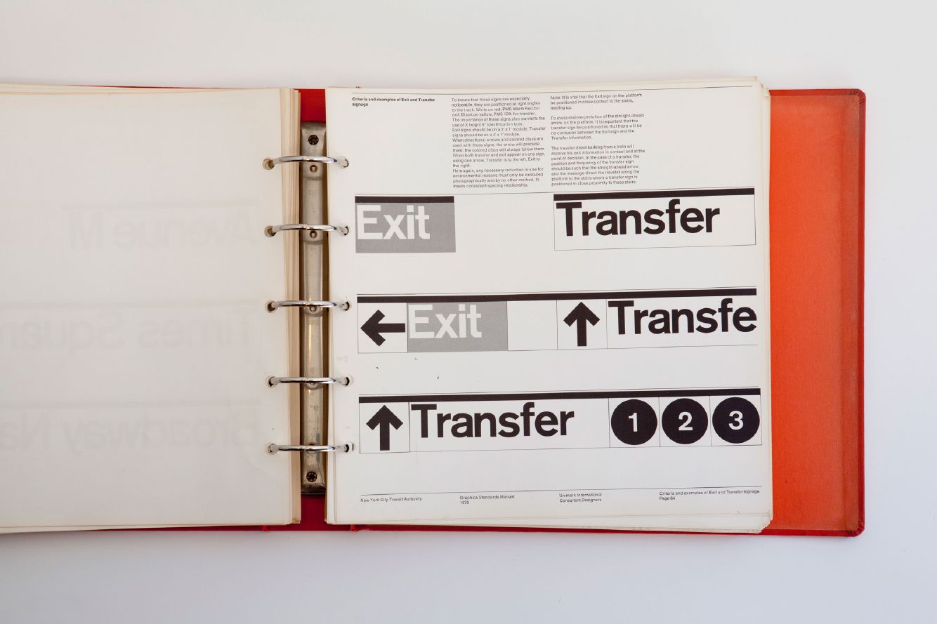 Page showing Exit and Transfer signs with arrows and route symbols